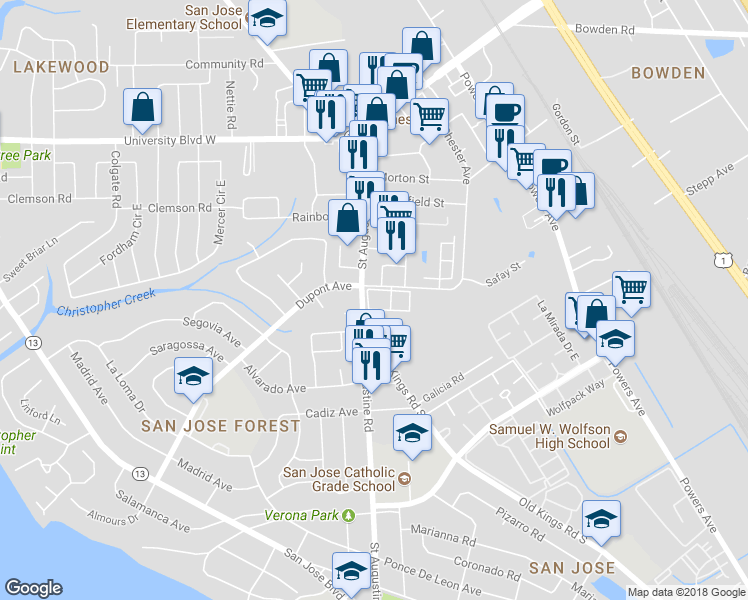 map of restaurants, bars, coffee shops, grocery stores, and more near 6705 Saint Augustine Road in Jacksonville
