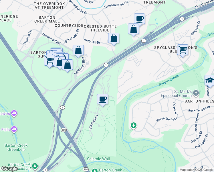 map of restaurants, bars, coffee shops, grocery stores, and more near 2301 South MoPac Expressway in Austin