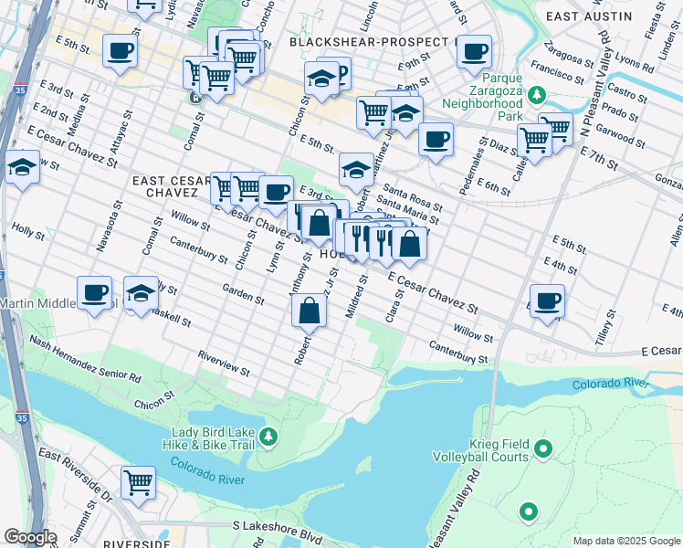 map of restaurants, bars, coffee shops, grocery stores, and more near 2204 Willow Street in Austin
