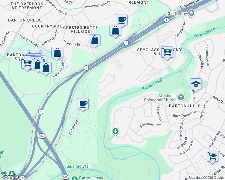 map of restaurants, bars, coffee shops, grocery stores, and more near 2710 Bartons Bluff Lane in Austin