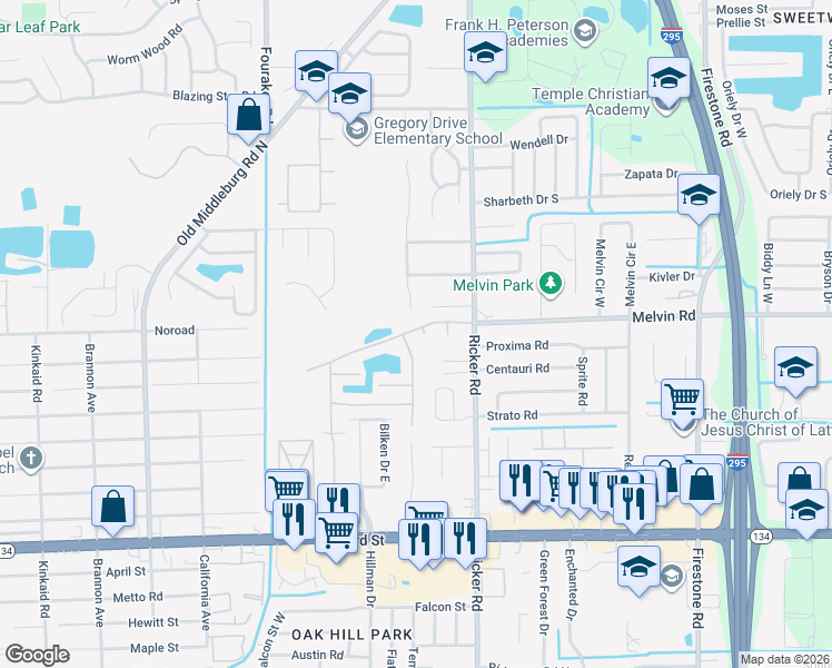 map of restaurants, bars, coffee shops, grocery stores, and more near 4610 Crib Court in Jacksonville