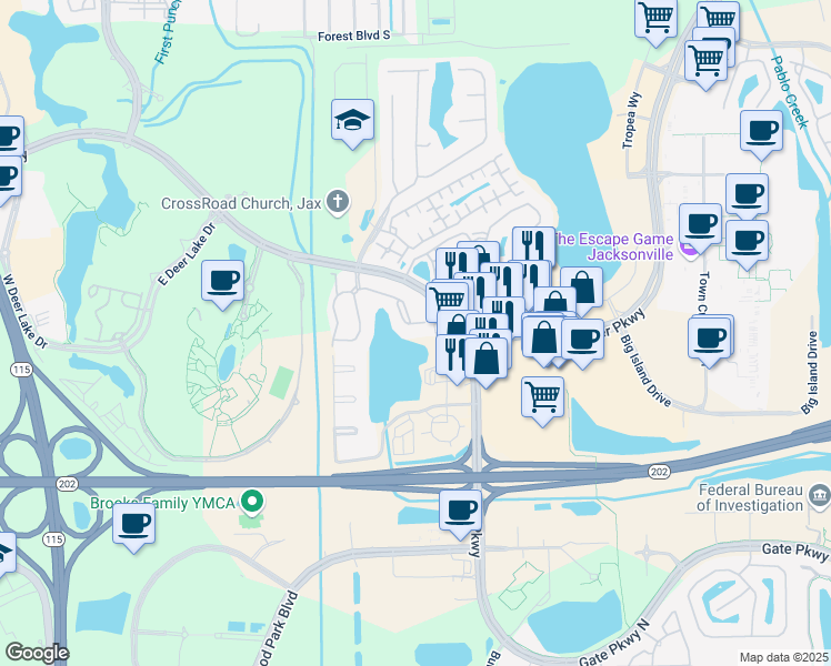 map of restaurants, bars, coffee shops, grocery stores, and more near 10000 Gate Parkway North in Jacksonville