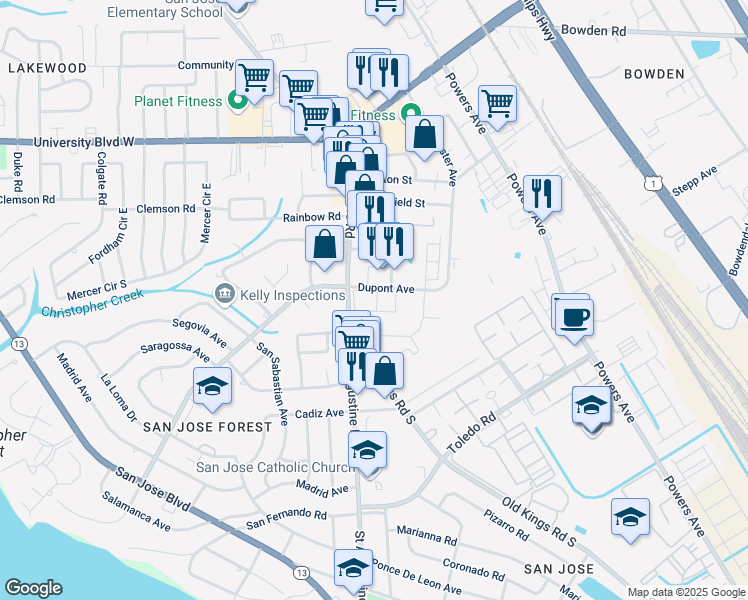 map of restaurants, bars, coffee shops, grocery stores, and more near 6705 Saint Augustine Road in Jacksonville