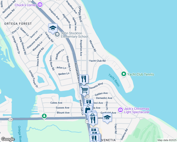 map of restaurants, bars, coffee shops, grocery stores, and more near 5101 Ortega Boulevard in Jacksonville