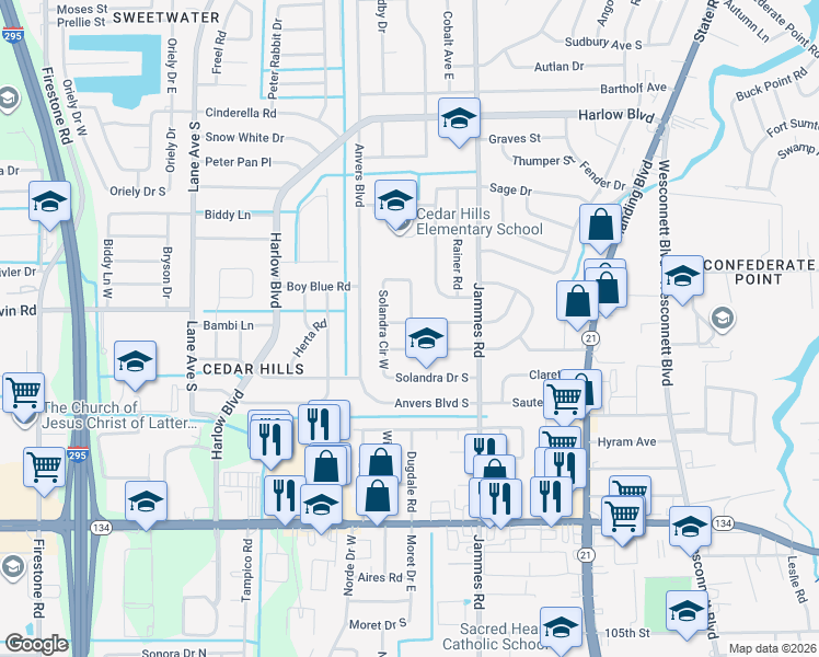 map of restaurants, bars, coffee shops, grocery stores, and more near 6526 Solandra Drive in Jacksonville