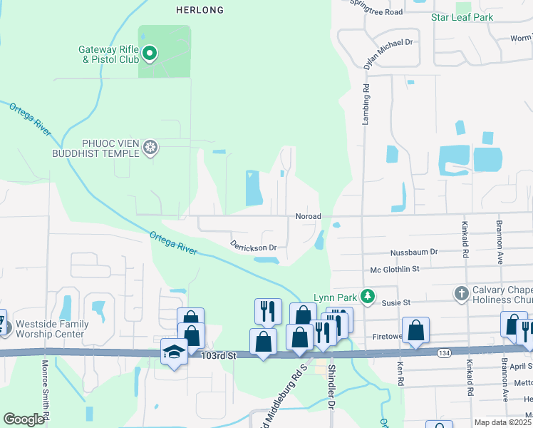 map of restaurants, bars, coffee shops, grocery stores, and more near 9007 Noroad in Jacksonville
