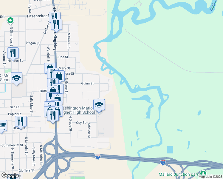 map of restaurants, bars, coffee shops, grocery stores, and more near 1432 Carney St in Lake Charles
