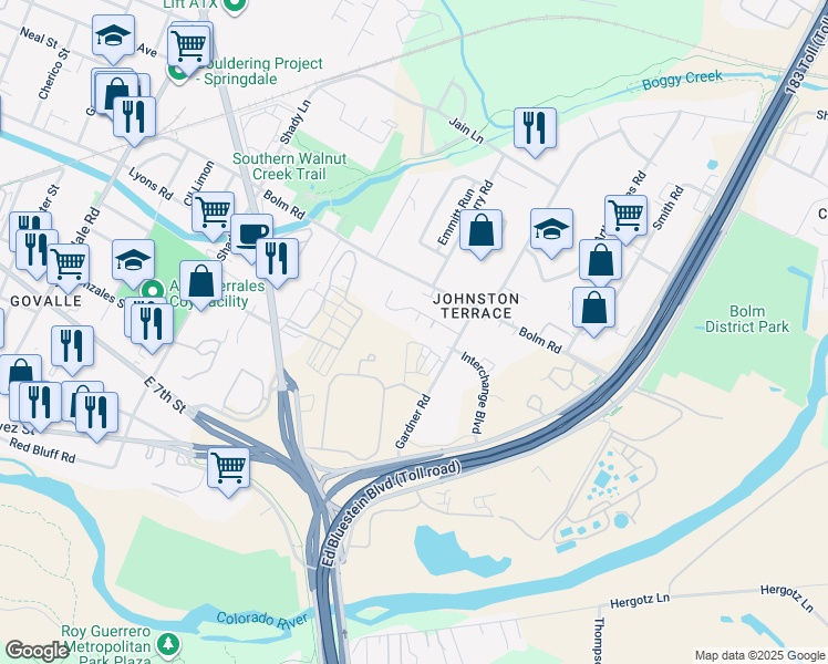 map of restaurants, bars, coffee shops, grocery stores, and more near 900 East Leslie Circle in Austin
