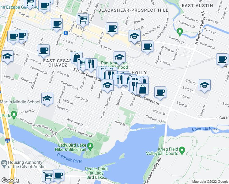 map of restaurants, bars, coffee shops, grocery stores, and more near 2204 Willow Street in Austin