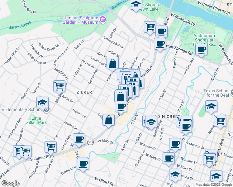 map of restaurants, bars, coffee shops, grocery stores, and more near 1318 Lamar Square Drive in Austin