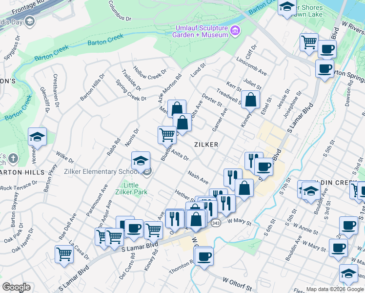 map of restaurants, bars, coffee shops, grocery stores, and more near 1908 Anita Drive in Austin