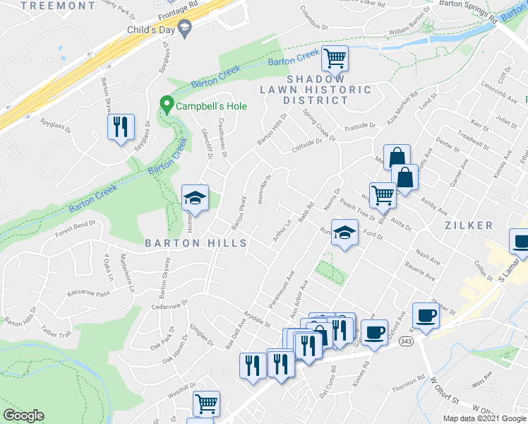 map of restaurants, bars, coffee shops, grocery stores, and more near 1902 Airole Way in Austin