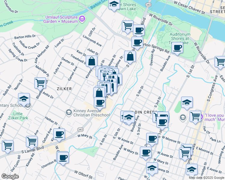 map of restaurants, bars, coffee shops, grocery stores, and more near 1119 South Lamar Boulevard in Austin
