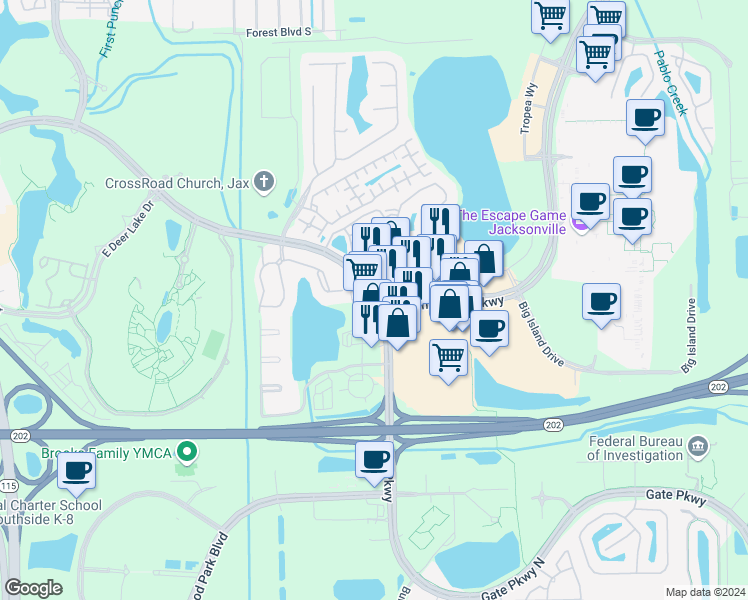 map of restaurants, bars, coffee shops, grocery stores, and more near 4838 Gate Parkway North in Jacksonville