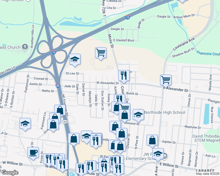 map of restaurants, bars, coffee shops, grocery stores, and more near 109 Sonny Street in Lafayette
