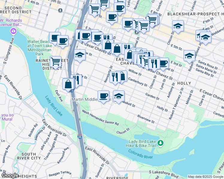 map of restaurants, bars, coffee shops, grocery stores, and more near 1505 Holly Street in Austin