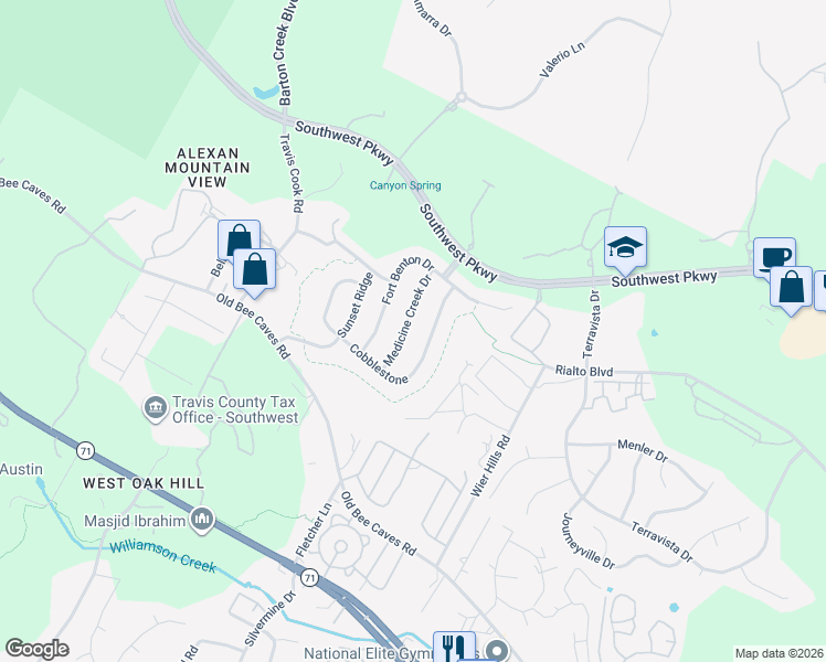 map of restaurants, bars, coffee shops, grocery stores, and more near 5725 Medicine Creek Dr in Austin