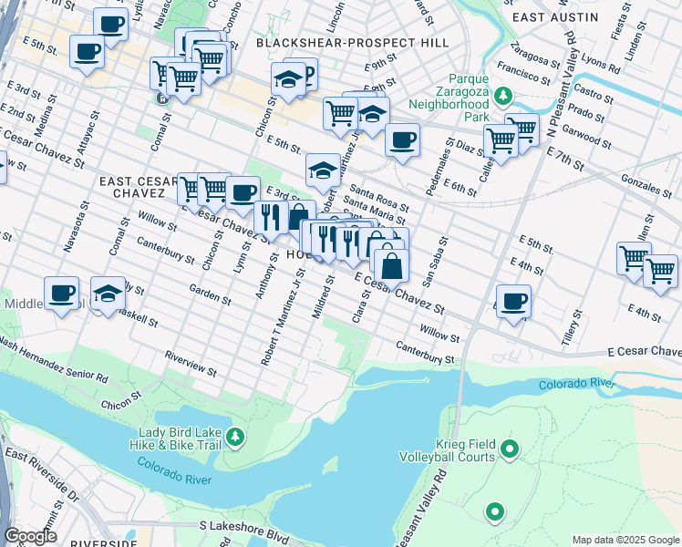 map of restaurants, bars, coffee shops, grocery stores, and more near 2305 East Cesar Chavez Street in Austin