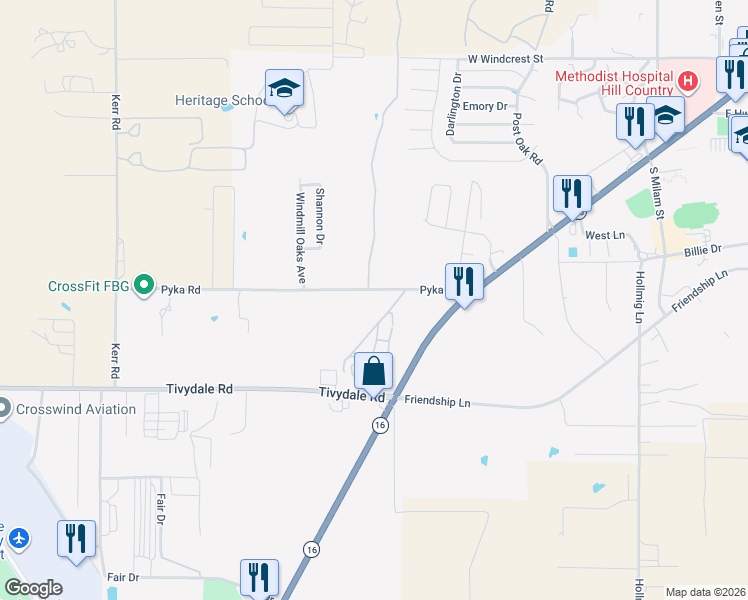 map of restaurants, bars, coffee shops, grocery stores, and more near 241 Pyka Road in Fredericksburg