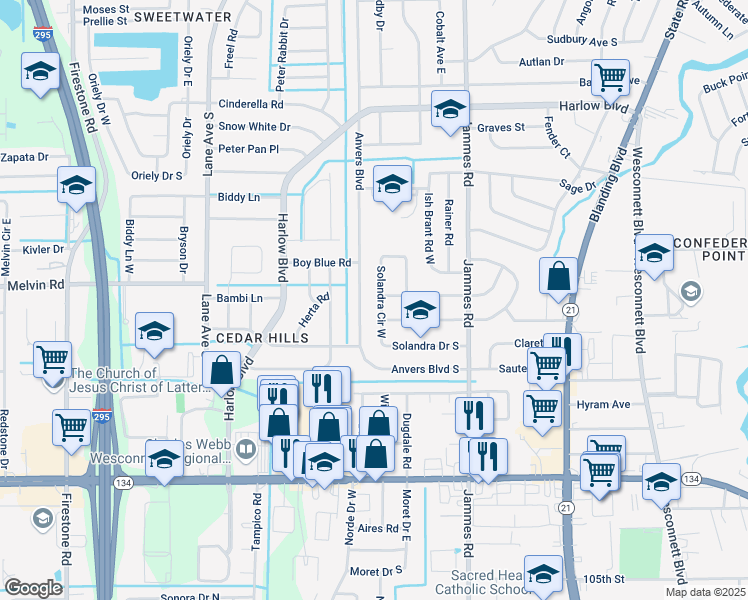 map of restaurants, bars, coffee shops, grocery stores, and more near 4702 Solandra Circle West in Jacksonville