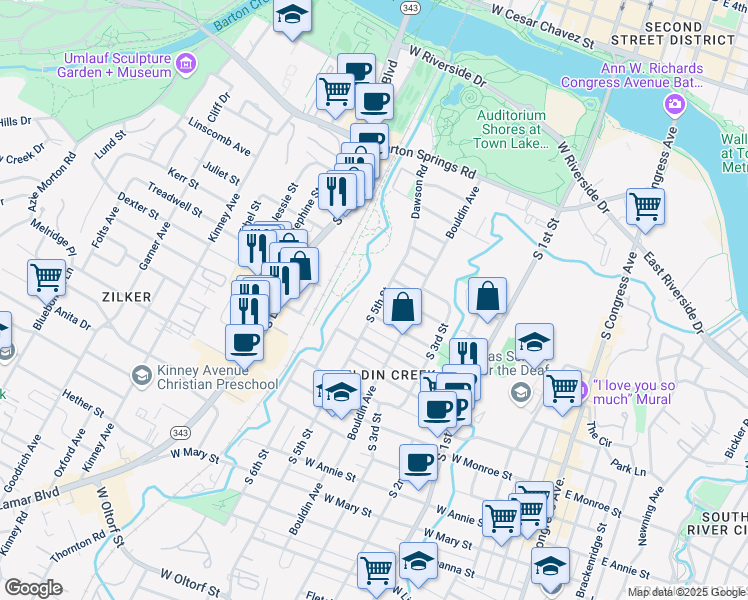 map of restaurants, bars, coffee shops, grocery stores, and more near 1102 South 5th Street in Austin