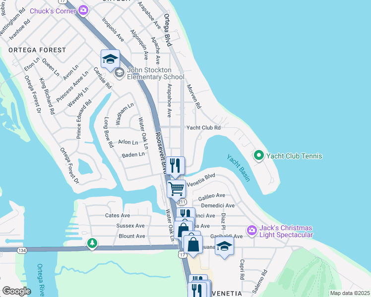 map of restaurants, bars, coffee shops, grocery stores, and more near 5101 Ortega Boulevard in Jacksonville