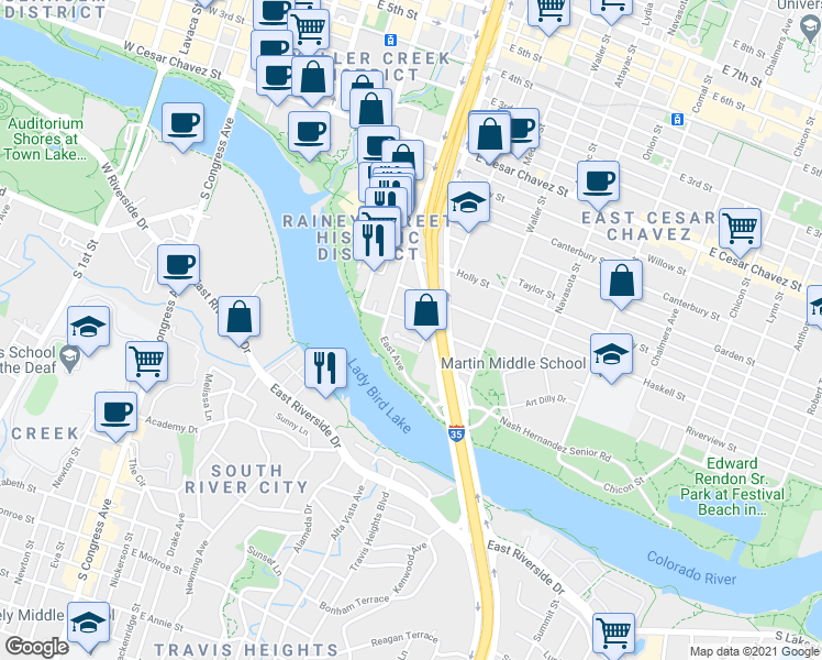 map of restaurants, bars, coffee shops, grocery stores, and more near 40 North Interstate Highway 35 in Austin