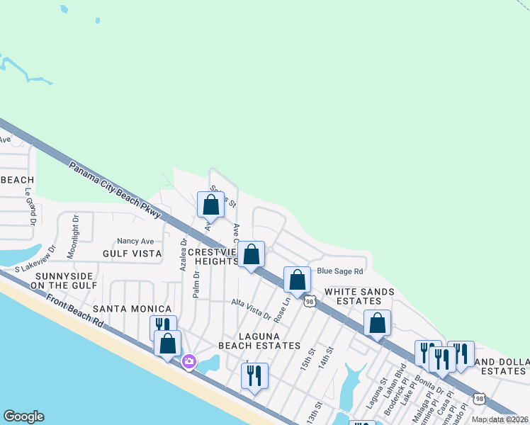 map of restaurants, bars, coffee shops, grocery stores, and more near 212 Sand Oak Boulevard in Panama City Beach