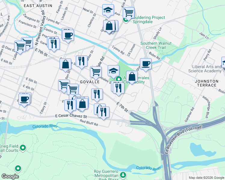 map of restaurants, bars, coffee shops, grocery stores, and more near 4910 East 7th Street in Austin