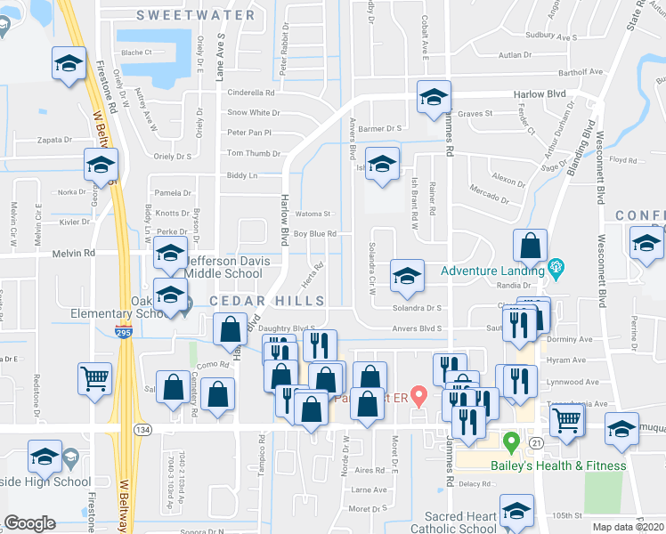 map of restaurants, bars, coffee shops, grocery stores, and more near 4629 Daughtry Boulevard East in Jacksonville