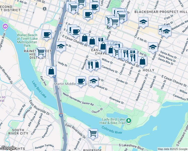 map of restaurants, bars, coffee shops, grocery stores, and more near 1606 Holly Street in Austin