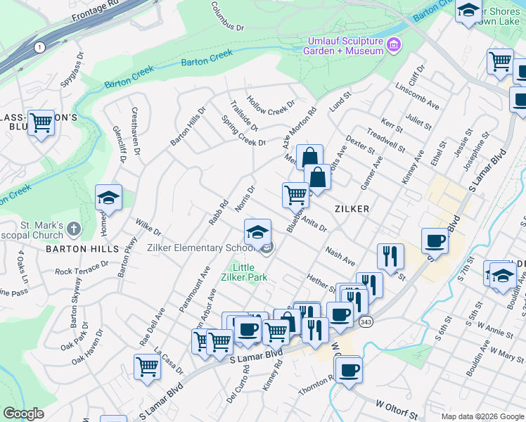 map of restaurants, bars, coffee shops, grocery stores, and more near 2107 Peach Tree Street in Austin