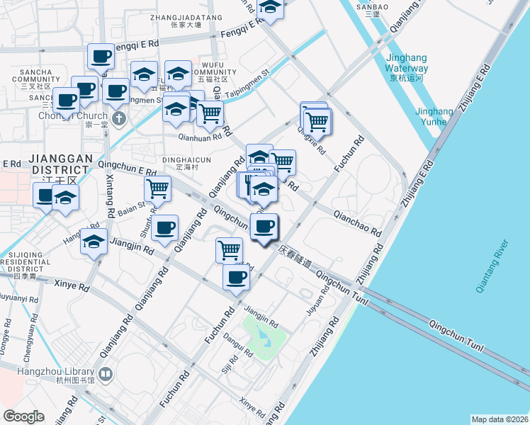 map of restaurants, bars, coffee shops, grocery stores, and more near Qing He Lu in Hang Zhou Shi