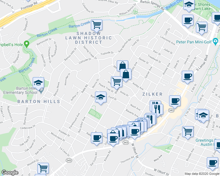 map of restaurants, bars, coffee shops, grocery stores, and more near 2010 Peach Tree Street in Austin