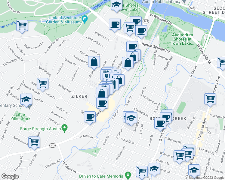 map of restaurants, bars, coffee shops, grocery stores, and more near 1102 South Lamar Boulevard in Austin