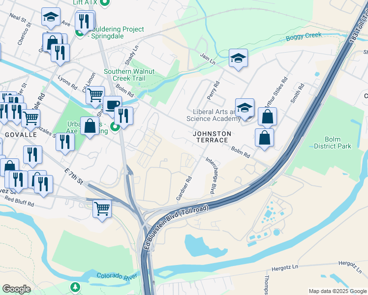 map of restaurants, bars, coffee shops, grocery stores, and more near 900 East Leslie Circle in Austin