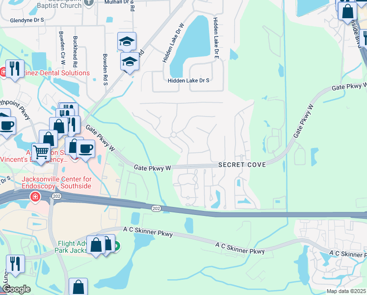 map of restaurants, bars, coffee shops, grocery stores, and more near 3949 Hillstead Lane in Jacksonville