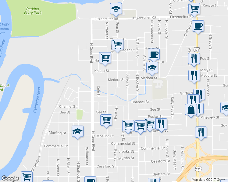 map of restaurants, bars, coffee shops, grocery stores, and more near 1335 Pear Street in Lake Charles
