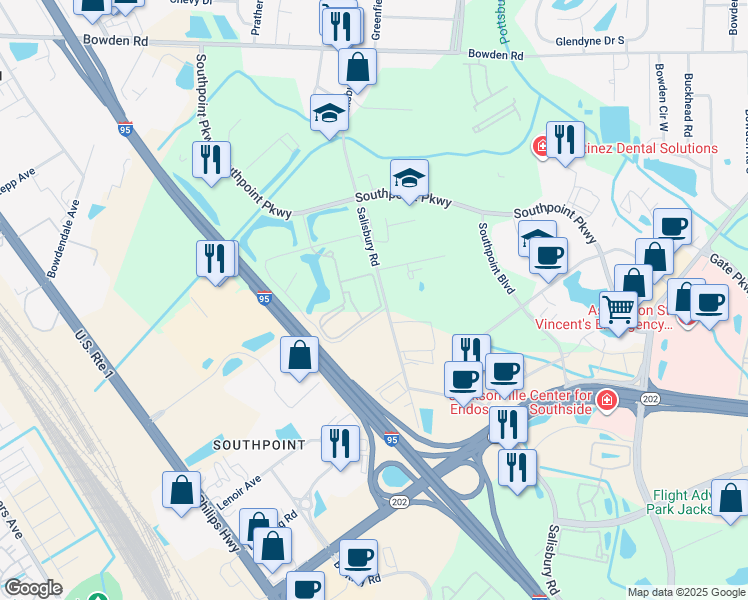 map of restaurants, bars, coffee shops, grocery stores, and more near 4025 Salisbury Road in Jacksonville