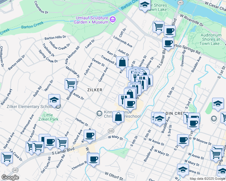map of restaurants, bars, coffee shops, grocery stores, and more near 1213 Kinney Avenue in Austin