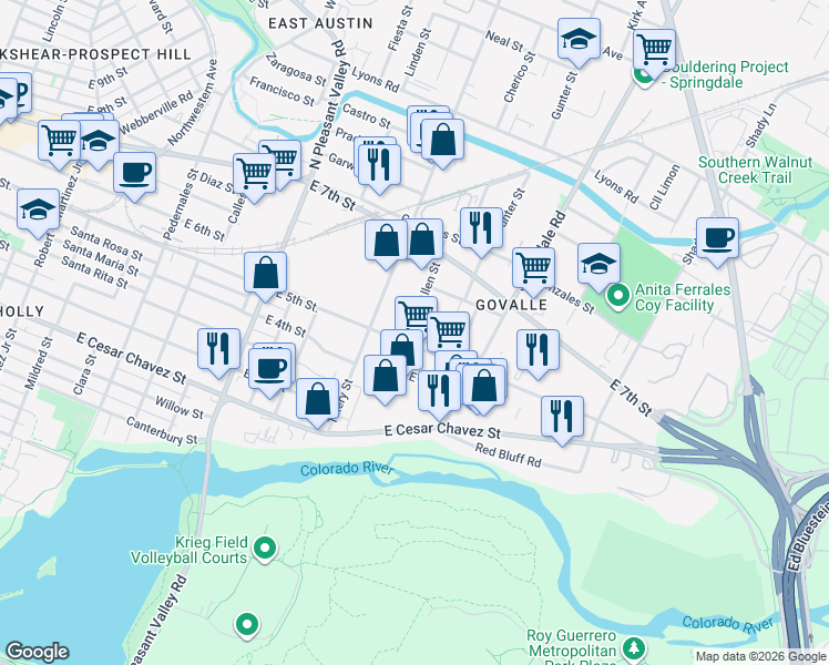 map of restaurants, bars, coffee shops, grocery stores, and more near 503 Allen Street in Austin