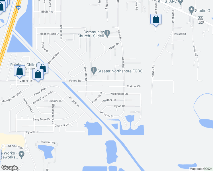 map of restaurants, bars, coffee shops, grocery stores, and more near 1149 Clairise Court in Slidell