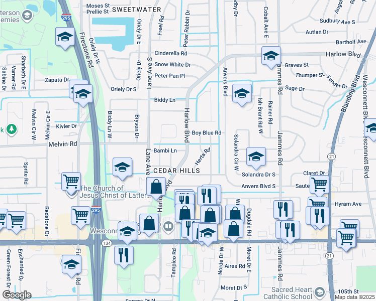 map of restaurants, bars, coffee shops, grocery stores, and more near Harlow Boulevard in Jacksonville