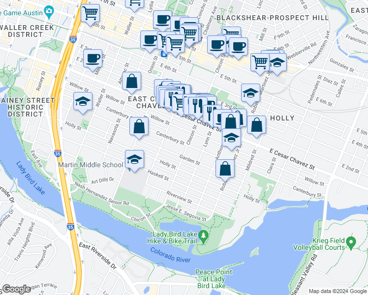 map of restaurants, bars, coffee shops, grocery stores, and more near 1811 Canterbury Street in Austin
