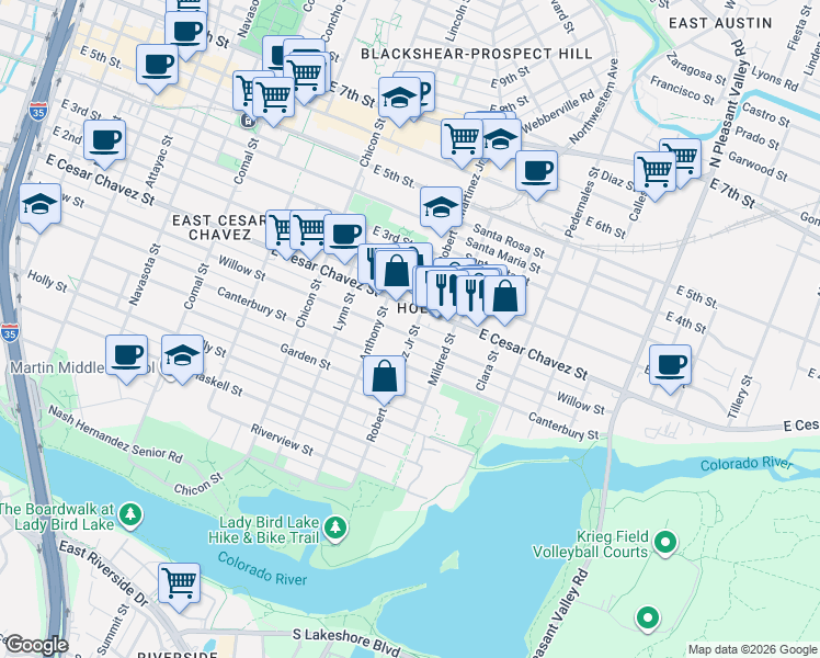 map of restaurants, bars, coffee shops, grocery stores, and more near 2204 Willow Street in Austin