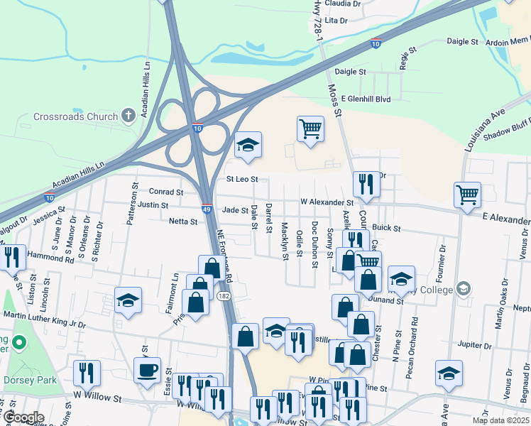 map of restaurants, bars, coffee shops, grocery stores, and more near 101 Darrel Street in Lafayette