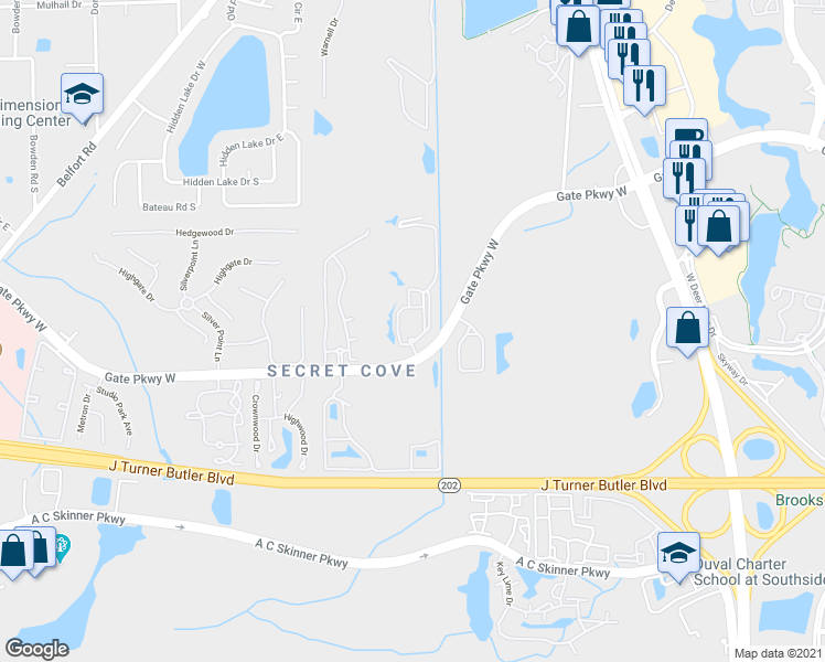 map of restaurants, bars, coffee shops, grocery stores, and more near 8539 Gate Parkway West in Jacksonville