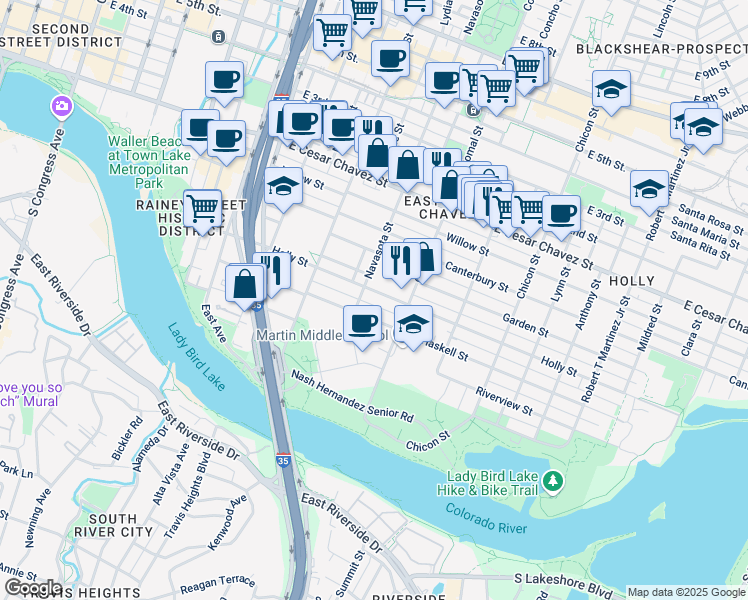 map of restaurants, bars, coffee shops, grocery stores, and more near 52 Navasota Street in Austin