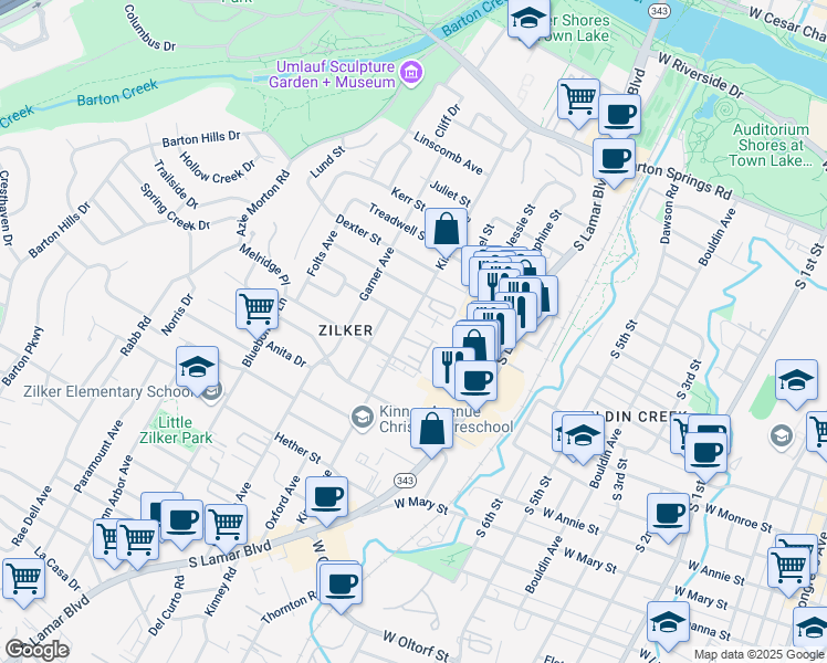 map of restaurants, bars, coffee shops, grocery stores, and more near 1213 Kinney Avenue in Austin