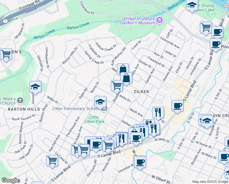 map of restaurants, bars, coffee shops, grocery stores, and more near 2008 Peach Tree Street in Austin